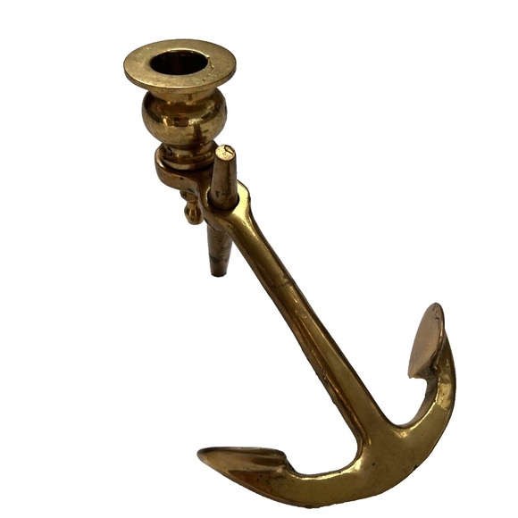 Candle Stick Brass Anchor Heavy Metal Nautical Beach Boat Decor 6" Long Solid - Picture 7 of 7